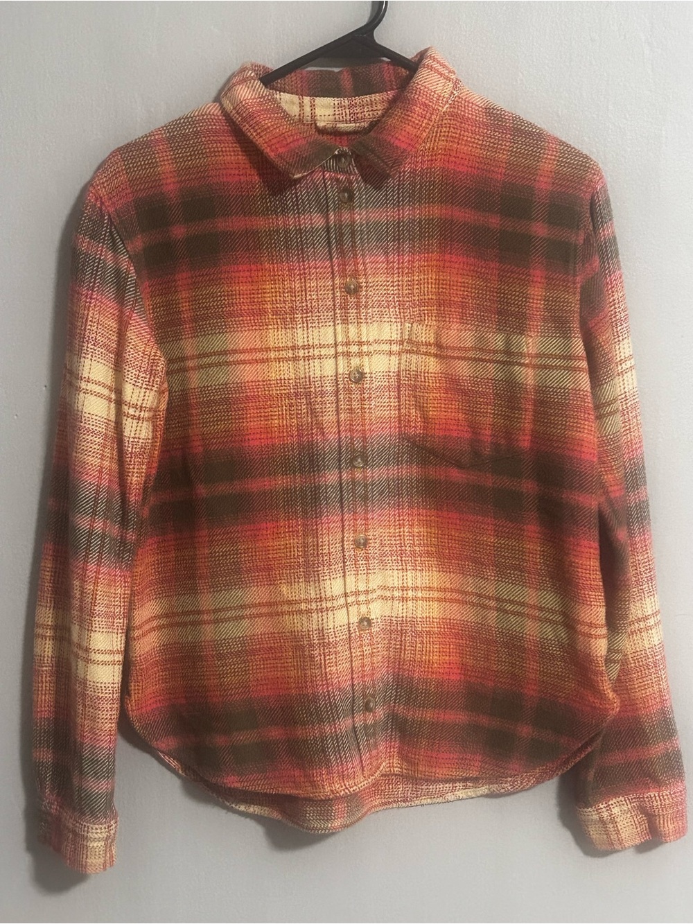 American Eagle Plaid Button-Up Shirt - Red, Orange & Cream & Black